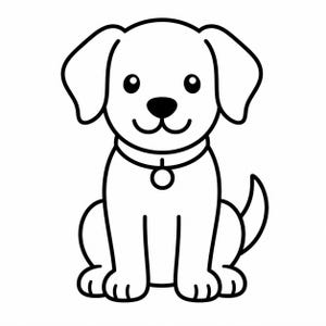 Op de afbeelding: Zwart-wit cartoon illustratie van een zittende puppy. De puppy heeft grote, slappe oren, een halsband met een label en een glimlachende uitdrukking. De afbeelding is een eenvoudig, strak ontwerp, perfect voor stickers of prints.