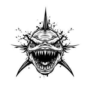 Könnte beinhalten: Schwarz-weiß-Illustration eines Fisches mit scharfen Zähnen und einem bedrohlichen Ausdruck. Der Fisch ist von Tintenspritzern umgeben.