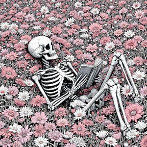 以下が含まれることがあります： 白い骨格がピンクの花のベッドの上に横たわっており、手に本を持っています。骨格は白いシャツと黒いズボンを着用しています。花は満開で、鮮やかなピンク色をしています。