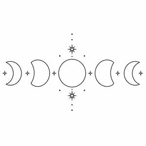 May include: A black and white line drawing of the phases of the moon. The design features crescent moons, stars, and a full moon in the center. The celestial theme is arranged horizontally, creating a symmetrical pattern.
