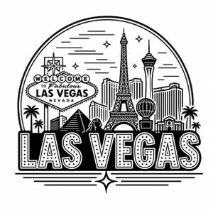 Może przedstawiać: Czarno-biała ilustracja z zabytkami Las Vegas, w tym Wieżą Eiffla i piramidą w Luksorze. Napis "Welcome to Fabulous Las Vegas Nevada" znajduje się nad nazwą miasta.