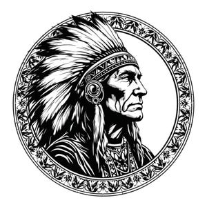 Könnte beinhalten: Schwarzweiß-Illustration eines Indianers mit Federkopfschmuck. Das Bild ist in einem runden Design mit floralen Akzenten gerahmt.
