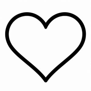 May include: A simple black outline of a heart shape on a white background. The heart is a classic symbol of love and affection, with a rounded top and a pointed bottom.