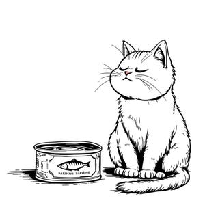 May include: A black and white line drawing of a cat sitting and looking up at a can of sardines. The can is labeled "SARDINE SARDINE".