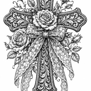 May include: Detailed black and white illustration of a cross adorned with roses, leaves, and a lace bow. The cross features ornate scrollwork and floral designs, creating a gothic or vintage aesthetic. The image is highly detailed.