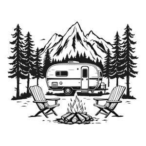 May include: Black and white illustration of a camper van parked in a forest with two chairs and a campfire in front of it.