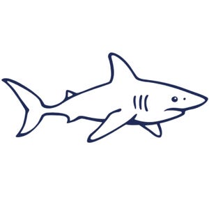 May include: A navy blue line drawing of a shark on a white background. The shark is shown in profile, with its dorsal fin, pectoral fins, and tail fin visible. The shark has three gill slits and a small eye.