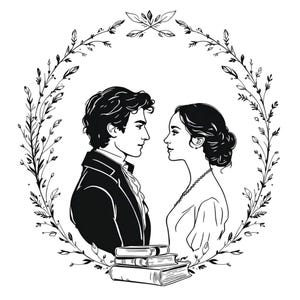 May include: Black and white illustration of a couple looking at each other. They are framed by a wreath of leaves and flowers. A stack of books is at the bottom of the image.
