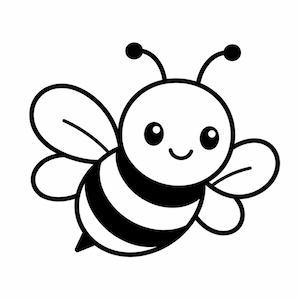 Peut inclure: Illustration de dessin animé en noir et blanc d'une abeille. L'abeille a une tête ronde avec de grands yeux, des antennes et une bouche souriante. Son corps présente des rayures noires et blanches et deux paires d'ailes.