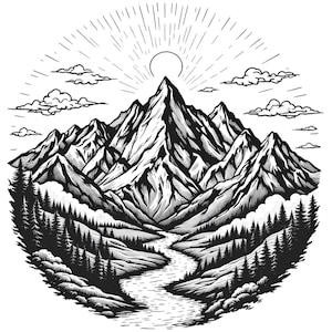 May include: Black and white illustration of a mountain range with a river flowing through a valley. The sun is rising behind the tallest peak, with rays of light emanating outwards. Clouds and trees are also present.