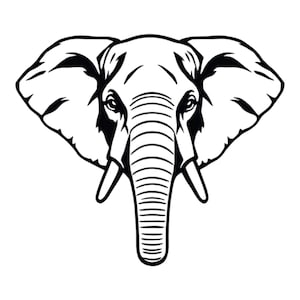 May include: Black and white line art illustration of an elephant's head with large ears and a long trunk.