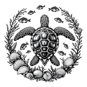 Puede incluir: Ilustración en blanco y negro de una tortuga marina rodeada de peces, conchas y algas. La tortuga es el punto focal, con patrones detallados en su caparazón y aletas. El diseño es circular, evocando una escena submarina.