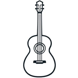 Puede incluir: Dibujo lineal en blanco y negro de una guitarra acústica. La guitarra tiene un cuerpo redondeado, una boca y seis cuerdas. El clavijero tiene clavijas de afinación. El diseño es simple y elegante.