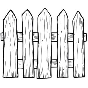 Może przedstawiać: Czarno-biała ilustracja drewnianego płotu. Płot ma pięć palików z ostrymi szczytami i poziome belki podporowe. Widoczne jest usłojenie drewna, a styl przypomina rysunek odręczny.
