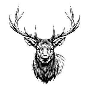 Könnte beinhalten: Eine Schwarzweißillustration eines Hirschkopfes mit großen Geweih. Der Hirsch schaut direkt auf den Betrachter.