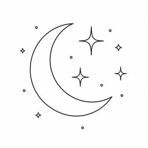 Könnte beinhalten: Schwarz-weiße Strichzeichnung eines Halbmonds mit vierzackigen Sternen und kleinen Punkten. Der Mond befindet sich in der Mitte, Sterne und Punkte sind darum herum verstreut, was ein himmlisches Thema erzeugt.