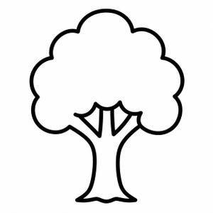 Può includere: Un semplice disegno a tratto nero e bianco di un albero. L'albero ha una chioma arrotondata a forma di nuvola e un tronco spesso. I rami sono visibili e le radici sono alla base.