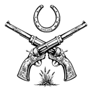 May include: Two black, ornate, crossed revolvers with a horseshoe above them that says "Good Luck".  A small patch of grass is below the revolvers.