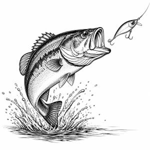 Könnte beinhalten: Schwarz-Weiß-Illustration eines Großmaulbasses, der aus dem Wasser auf einen Angelköder zuspringt. Der Fisch ist mit Schuppen und Flossen detailliert dargestellt, und Wassertropfen spritzen um ihn herum. Der Köder hängt in der Luft.