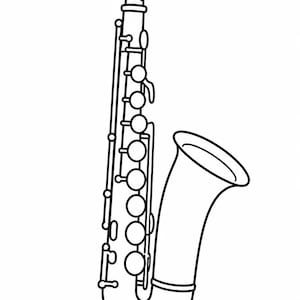 Op de afbeelding: Zwart-witte lijntekening van een saxofoon. Het instrument heeft een gebogen hals, ronde kleppen en een uitlopende beker. Het ontwerp is eenvoudig en illustratief, geschikt voor muzikale thema's.