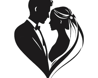 May include: A black and white silhouette of a couple in formal attire, facing each other. The man wears a tuxedo with a bow tie, and the woman is in a wedding dress with a veil. The figures are arranged in the shape of a heart.