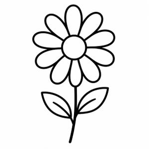 Op de afbeelding: Een zwart-wit lijntekening van een madeliefje. De bloem heeft een centrale cirkel omgeven door acht bloemblaadjes. De stengel heeft twee bladeren. De afbeelding is een eenvoudige, strakke illustratie.