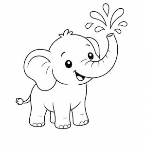 May include: A black and white cartoon illustration of a smiling baby elephant spraying water from its trunk. The elephant has large ears, a small tail, and is standing on four legs. Water droplets are depicted above the trunk.