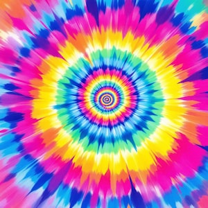May include: A vibrant tie-dye design featuring a spiral pattern with concentric circles of color. The design includes shades of pink, yellow, blue, green, and orange, creating a psychedelic effect. The center of the spiral is a dark blue with a target-like design.