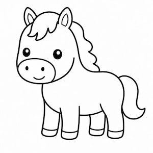 May include: A black and white cartoon illustration of a pony. The pony has a smiling face, large eyes, and a flowing mane and tail. The pony is standing with its four legs visible.