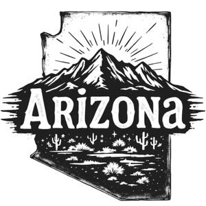 Mapa del estado de Arizona con montañas y cactus, escena natural, imágenes prediseñadas SVG/PNG/JPG - Uso comercial gratuito
