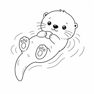 Può includere: Illustrazione a fumetti in bianco e nero di una lontra che galleggia sulla schiena. La lontra ha una testa rotonda, piccole orecchie e un viso sorridente. Le sue zampe sono visibili ed è circondata da linee ondulate.
