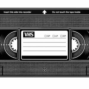 May include: A monochrome illustration of a VHS video cassette. The tape has the text "Insert this side into recorder" and "Do not touch the tape inside". The label reads "VHS" with checkboxes for SP, LP, and EP.