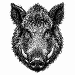 Puede incluir: Ilustración detallada en blanco y negro de la cabeza de un jabalí. La imagen presenta el pelaje texturizado del jabalí, sus prominentes colmillos y su mirada intensa. La obra de arte es muy detallada, con un enfoque en las características del animal.