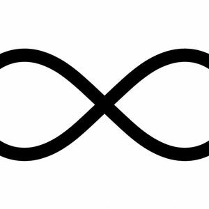 Puede incluir: Un símbolo de infinito negro sobre un fondo blanco. El símbolo, una figura de ocho continua, representa la eternidad o el infinito. Las líneas gruesas y sólidas crean un diseño audaz y simple, a menudo usado en joyería.