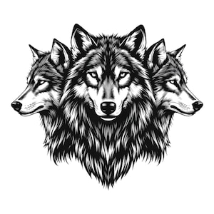 Op de afbeelding: Zwart-wit illustratie van drie wolven. De middelste wolf kijkt naar voren, de andere twee zijn aan weerszijden geplaatst. Het kunstwerk toont gedetailleerde schaduwen en richt zich op de vacht en gezichtskenmerken van de wolven.
