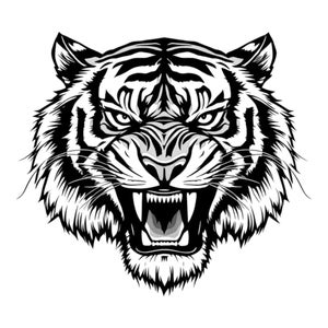 Puede incluir: Ilustración en blanco y negro de la cabeza de un tigre con una expresión feroz. La boca del tigre está abierta, mostrando sus dientes y lengua. Las rayas del tigre son visibles en su cara y cuello.