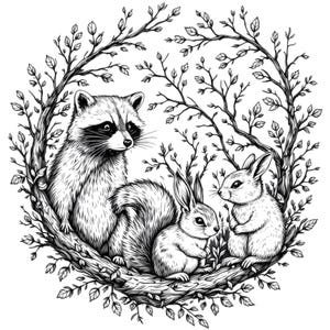 Woodlands Animals Raccoon, Squirrel, Bunny Art Black & White SVG / PNG / JPG Clipart - Free Commercial Use