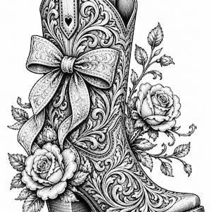 May include: Black and white illustration of a cowboy boot with intricate floral and scrollwork. A large bow adorns the boot, and roses and leaves are arranged around it. The boot has a heart-shaped detail.