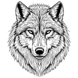 Op de afbeelding: Zwart-witte lijntekening van een wolfskop. De wolf kijkt de kijker recht aan met een serieuze uitdrukking.