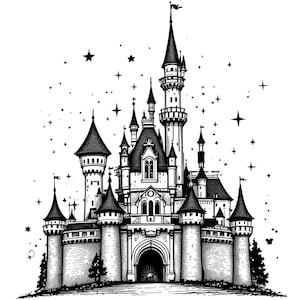May include: A detailed black and white illustration of a fairytale castle, featuring multiple turrets, spires, and an arched entrance. The castle is set against a backdrop of stars and small trees, creating a magical scene. The artwork is intricate.