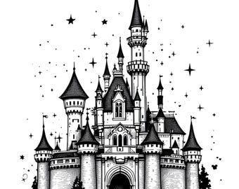 Cinderella Castle Fairytale Kingdom Black & White Art SVG / PNG / JPG Clipart - Free Commercial Use