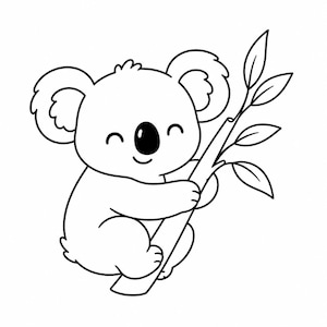 Könnte beinhalten: Schwarz-Weiß-Cartoon-Illustration eines Koala-Bären. Der Koala lächelt und umarmt einen Ast mit Blättern. Der Koala hat große, runde Ohren und eine schwarze Nase. Das Bild ist eine einfache Zeichnung im Linienstil.