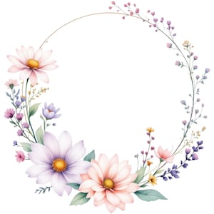 以下が含まれることがあります： 水彩画のフラワーリース。ピンク、紫、黄色のデイジーやワイルドフラワーが描かれています。花は円形に配置され、緑の葉と繊細な茎があり、招待状や壁の装飾に最適です。