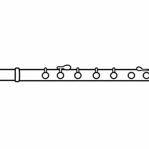 以下が含まれることがあります： フルートの白黒線画。この楽器は、円筒形の本体にいくつかの丸いキーとマウスピースが付いています。フルートは音楽を演奏するために設計されています。