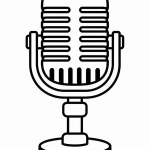 May include: A black and white line drawing of a vintage microphone. The microphone has a rounded top with vertical lines and a rectangular body with horizontal lines. It is mounted on a stand with a circular base.