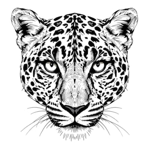 Puede incluir: Dibujo en blanco y negro de la cara de un leopardo. El leopardo tiene una expresión feroz con la boca cerrada y los ojos bien abiertos.
