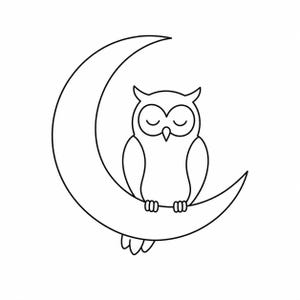 May include: A black and white line drawing of a cartoon owl perched on a crescent moon. The owl has closed eyes, suggesting sleep or tranquility. The image is simple and suitable for various applications.