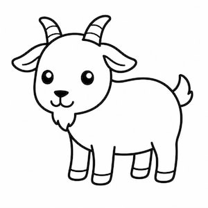 May include: A black and white cartoon illustration of a goat. The goat has large, round eyes, a small beard, and curved horns. The goat is standing with its legs visible and its tail curled up.