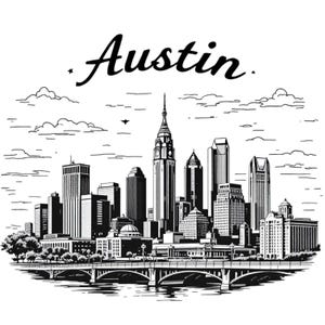 May include: Black and white line art illustration of the Austin, Texas skyline. The word "Austin" is written in cursive above the city. The image includes skyscrapers, a bridge, and clouds.