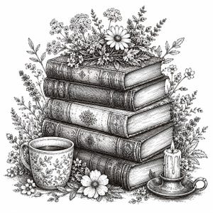 Könnte beinhalten: Schwarz-Weiß-Illustration mit fünf antiken Büchern, einer Tasse Kaffee und einer brennenden Kerze. Das Bild zeigt florale Elemente und dekorative Details, die eine Vintage-Ästhetik erzeugen.